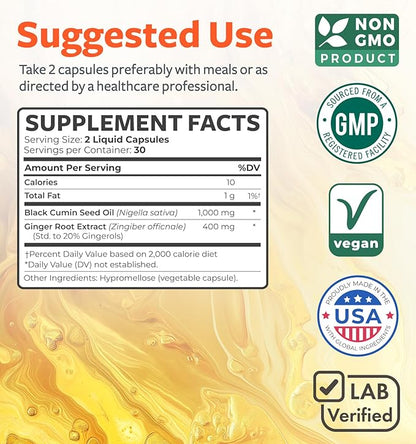 Black Seed Oil Capsules with Ginger Extract - 1400mg - 60 Liquid Capsules (Non-GMO & Vegan) - Natural Support for Healthy Joints and Digestive Health