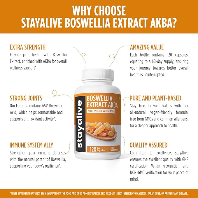 STAY ALIVE Boswellia Serrata Extract Capsules 1000mg with AKBA and 65% Boswellic Acid, 12:1 Resin Extract Powder, 120 Count for 2-Month Supply, Non-GMO and Gluten-Free Boswellia Supplement