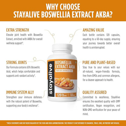 STAY ALIVE Boswellia Serrata Extract Capsules 1000mg with AKBA and 65% Boswellic Acid, 12:1 Resin Extract Powder, 120 Count for 2-Month Supply, Non-GMO and Gluten-Free Boswellia Supplement