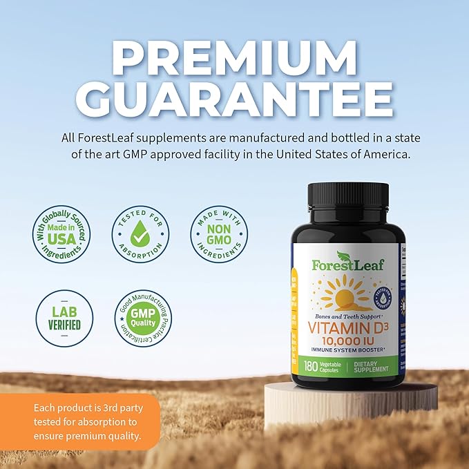 ForestLeaf Vitamin D3 10,000 IU | VIT D - VIT D3 Vitamin D Supplements for Women and Men | Bone Health, Teeth and Immune Support | Easy to Swallow Pills | High Potency Daily, 6-Month Supply, 180 Caps