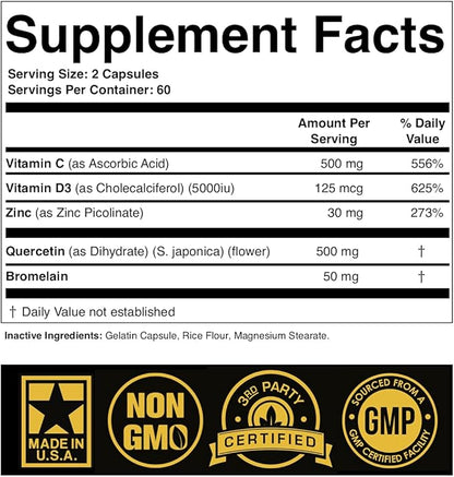 Zinc Quercetin 500mg with Vitamin C Vitamin D3 Bromelain Immune Support High Potency Quercetin Zinc Supplement ZQV by SPARTIS (Pack of 1 Bottle at 120-Caps)