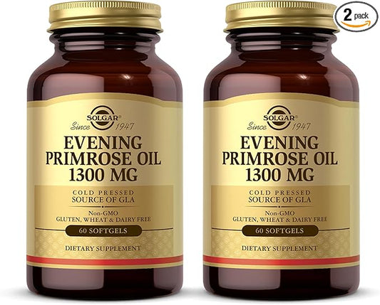 SOLGAR Evening Primrose Oil 1300 mg - 60 Softgels, Pack of 2 - Cold-Pressed Source of GLA - Non-GMO, Gluten Free - 120 Total Servings