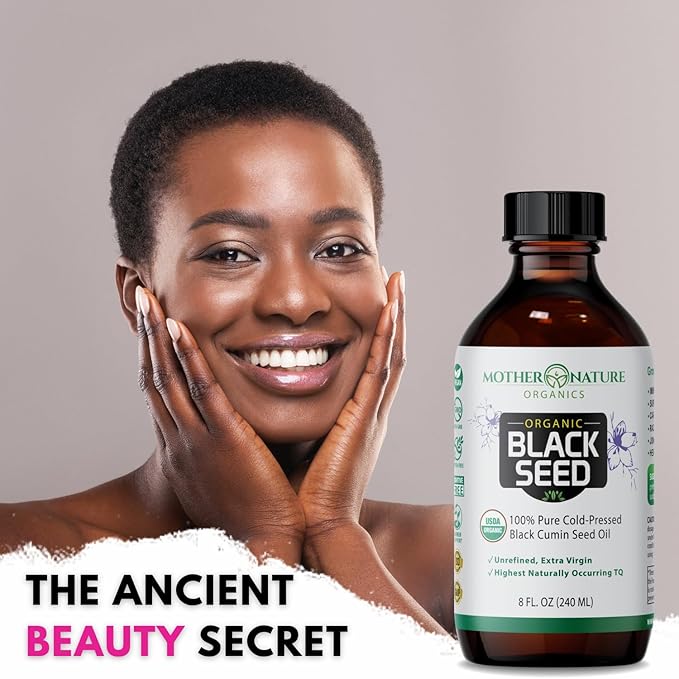 Mother Nature USDA Organic Black Seed Oil, High TQ 2%, Cold Pressed, Unrefined Nigella Sativa, Omega 3 6 9 for Immune, Joint & Heart Support, Hair & Skin, Non-GMO, Glass Bottle 8oz