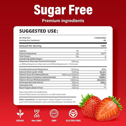 Magnesium Glycinate Gummies Sugar Free 90 for Adults & Kids,400mg Chewable Magnesium Gummies with 200mg L-Threonate,Ashwagandha,Vitamin D,B6,B12,Calcium for Sleep,Stress & Muscle,Relief,Strawberry