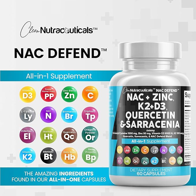 NAC Supplement N-Acetyl Cysteine Vitamin D3 K2 Zinc Quercetin Sarracenia Purpurea Immune Support | Elderberry Holy Basil Bee Propolis Bromelain L-Lysine Capsules Supplements For Women Men Adults