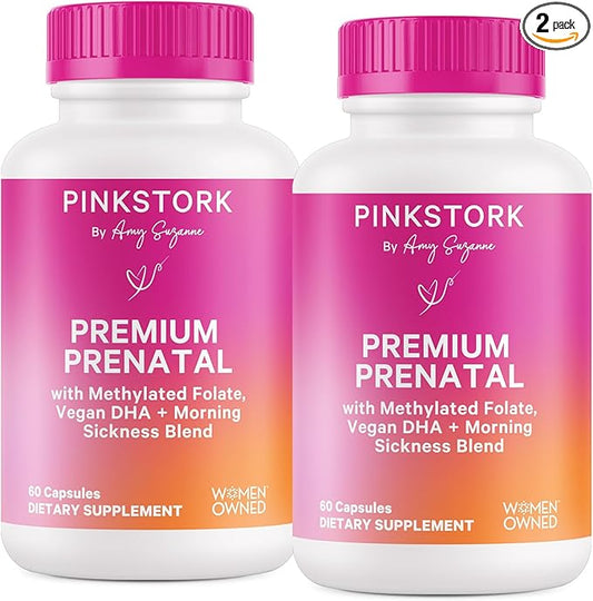 Pink Stork Premium Prenatal Vitamin for Women - Multivitamin & Probiotics - Morning Sickness, Digestion, & Energy - Folate, B6, & Iron - 60 Capsules - 2 Pack