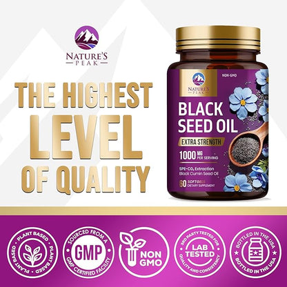 Black Seed Oil 1000mg - Premium Extra Strength Nigella Sativa Blackseed Oil - Black Cumin Seed Oil Skin, Digestive Health & Immune Support - Non-GMO Antioxidant, Gluten Free Supplement - 60 Softgels
