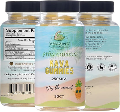 Tropical Pina Colada Kava Gummies - 250mg per Gummy - Vegan, Gluten-Free - 30 Gummies
