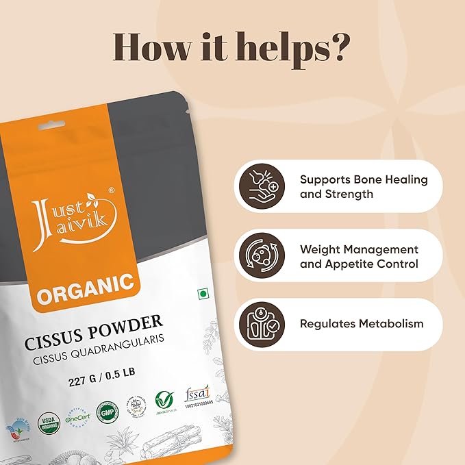 Just Jaivik 100% Organic Cissus Powder - 227 gm / 0.5 lb | Herbal Supplement for Bone and Muscle Health | USDA Certified Organic | (Hadjod) Cissus Quadrangularis Powder