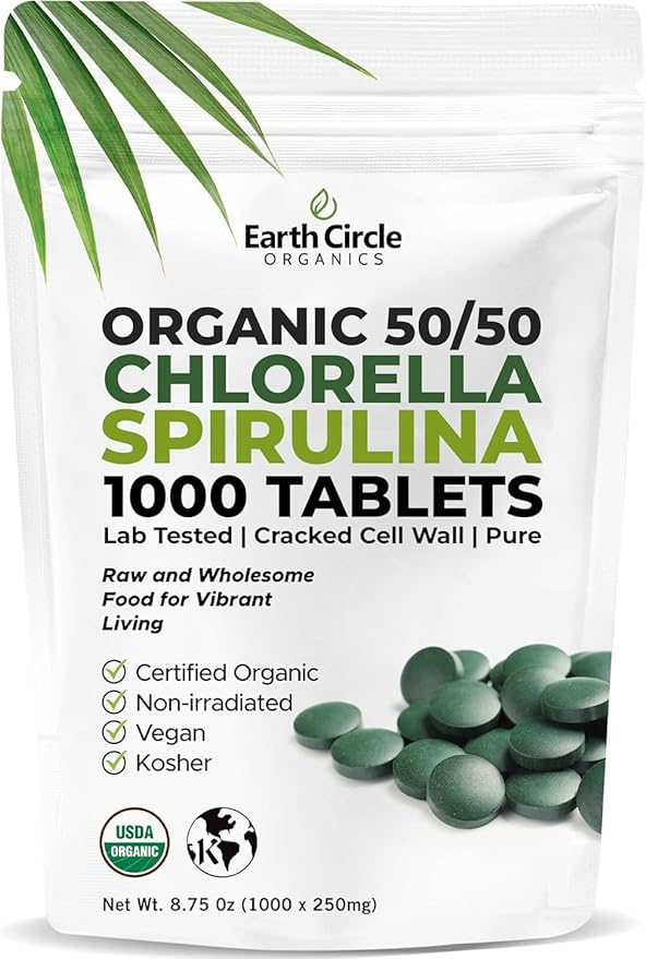 Premium Organic CHLORELLA /SPIRULINA 1000 Tablets (50/50) Kosher, Vegan - Green Algae Superfood, Cracked Cell Wall, Chlorophyll, High in Protein & Iron, no additives, or fillers 8.75 Oz (1 Pack)