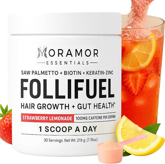 Follifuel Hair Growth Powder Drink Mix for Women & Men | 3-in-1 Hair, Gut & Energy Support | Biotin, Zinc, Caffeine & Saw Palmetto | Hair Vitamins for Thinning Hair | Strawberry Lemonade | 30 Servings