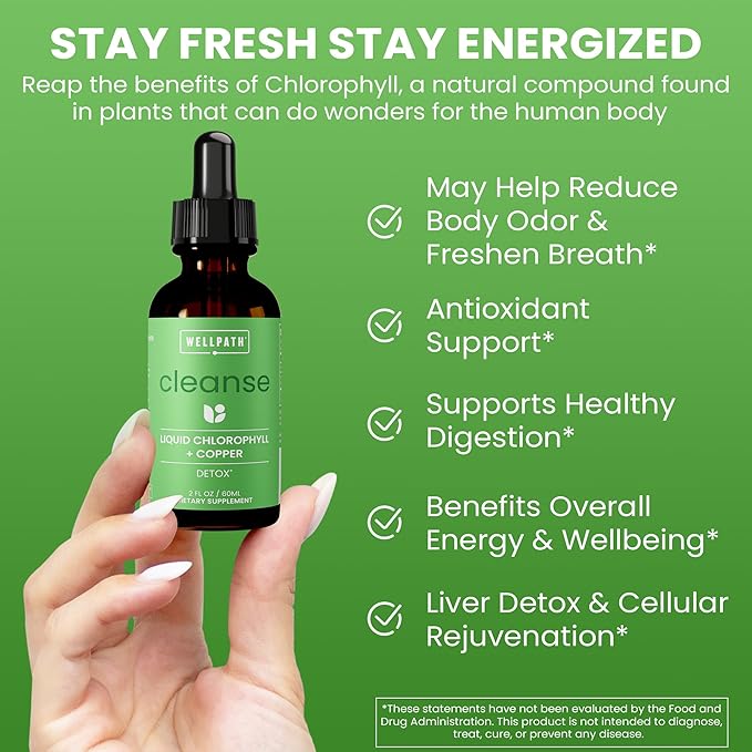 WellPath Chlorophyll Liquid Drops with Copper - High Potency Vegan Liquid Chlorophyll for Body Odor, Liver Detox, Digestion Support & Immune Support - Internal Deodorant, Made in USA, Non-GMO, 2 Fl Oz