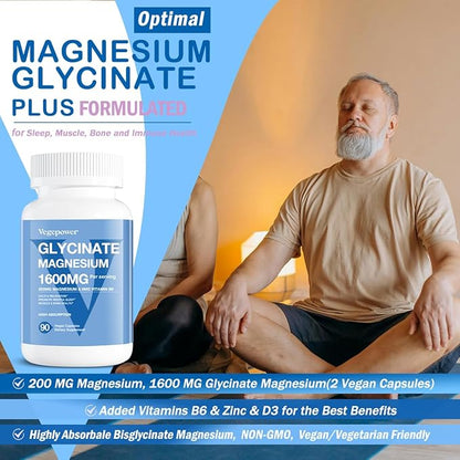 Magnesium Glycinate Supplements 1600mg - with Vitamin B6 & Zinc, Vitamin D3, Vegan Bisglycinate Magnesium for Sleep, Muscle, Bone Health, High Absorption, Gentle On Stomach, Non-GMO, 180 Caps
