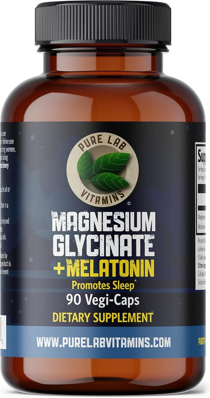 Magnesium Glycinate with Melatonin 3 mg - 90 Vegan Caps by Pure Lab Vitamins - Helps with Jet Lag and Sleep Cycles 🍁 Made in Canada