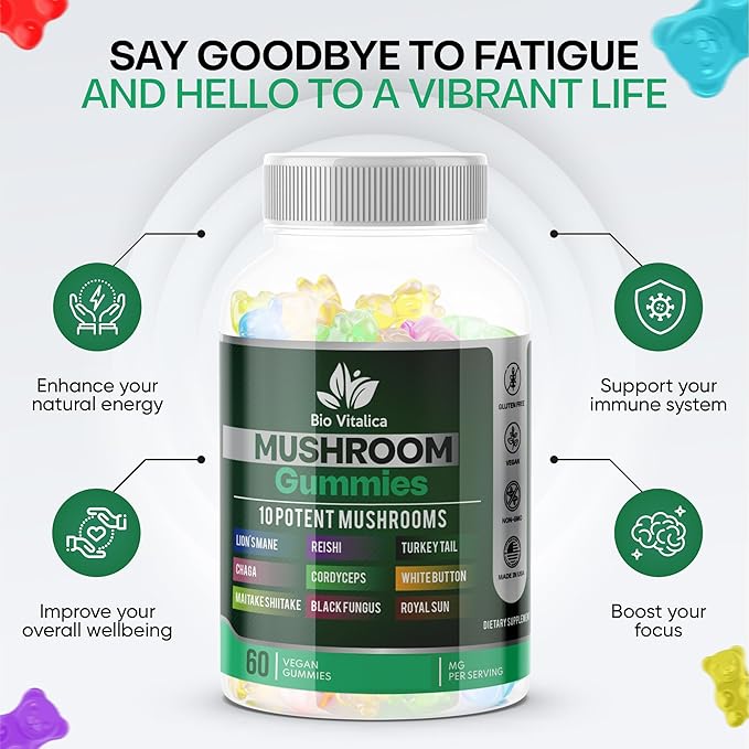 BIO VITALICA BioVitalica Mushroom Gummies - Lions Mane Gummies for Adults with 10 - Blend Mushrooms Complex Reishi, Chaga, Cordyceps, Turkey Tail, & More - Mushroom Supplement - Parental (6)
