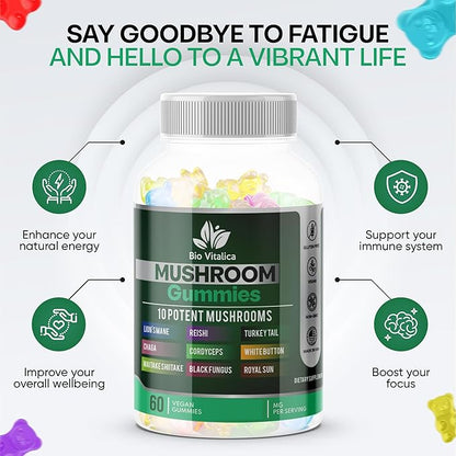 BIO VITALICA BioVitalica Mushroom Gummies - Lions Mane Gummies for Adults with 10 - Blend Mushrooms Complex Reishi, Chaga, Cordyceps, Turkey Tail, & More - Mushroom Supplement - Parental (4)