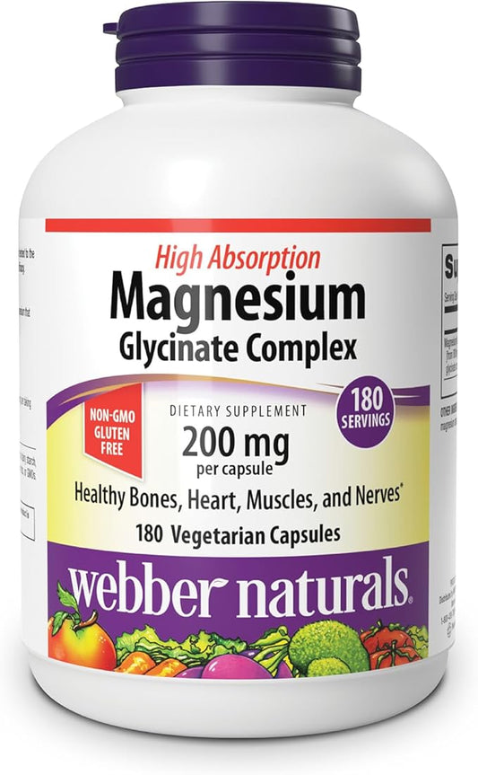 Webber Naturals Magnesium Glycinate Complex 200 mg, 180 Vegetarian Capsules, High Absorption Formula, Supports Bones, Heart, Muscles & Nerves, One-per-Day, Vegan