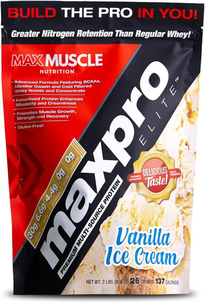 Max Muscle Maxpro Elite Whey Protein Powder | 30g Protein | 0g Sugar | 6.6g BCAAs | Micellar Casein Cold Filtered Whey Isolate Protein | Promotes Muscle Growth & Recovery (Vanilla Ice Cream 2lb)