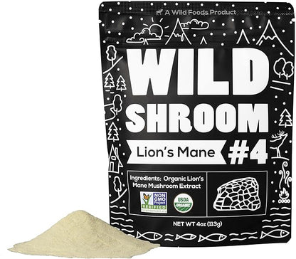 Wild Foods Lions Mane Powder Mushrooms Extract 10:1 | Organic Mushroom Powder | Adaptogenic Nootropic Herb for Brain Health, Memory and Focus (4 Ounce (Pack of 2))