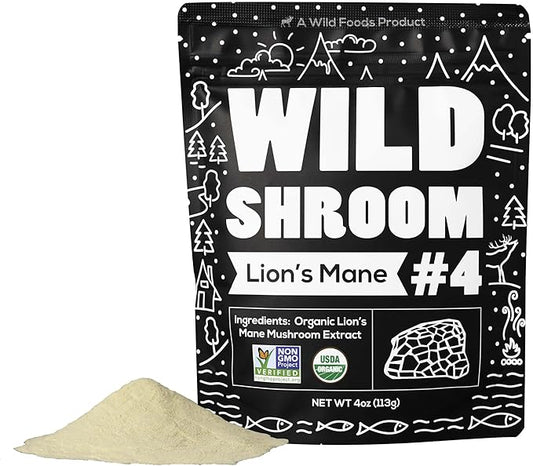 Wild Foods Lions Mane Powder Mushrooms Extract 10:1 | Organic Mushroom Powder | Adaptogenic Nootropic Herb for Brain Health, Memory and Focus(4 Ounce)