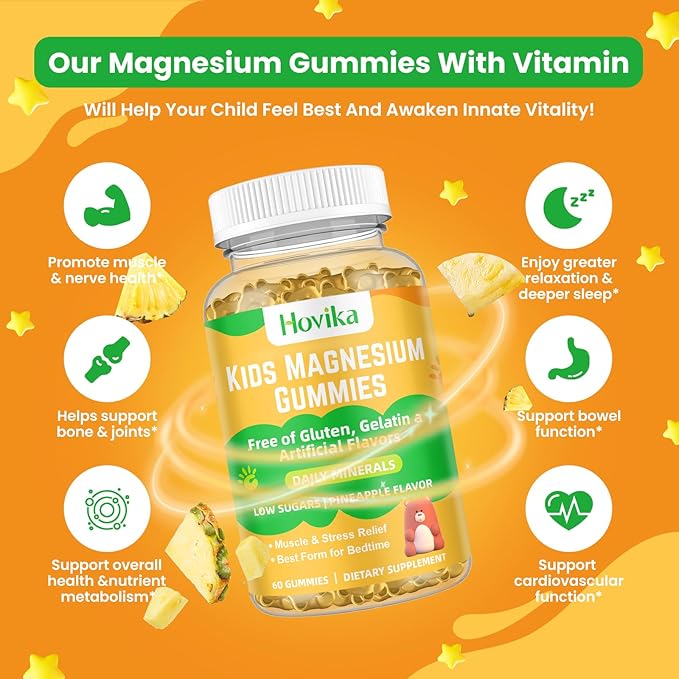 Magnesium Glycinate Gummies for Kids & Adults - Vitamin B6 & D3 - Great Tasting Kids Magnesium Calm Gummies for Promotes Sleep, Energy and Calm, Vegan Pineapple Flavor 60 Count