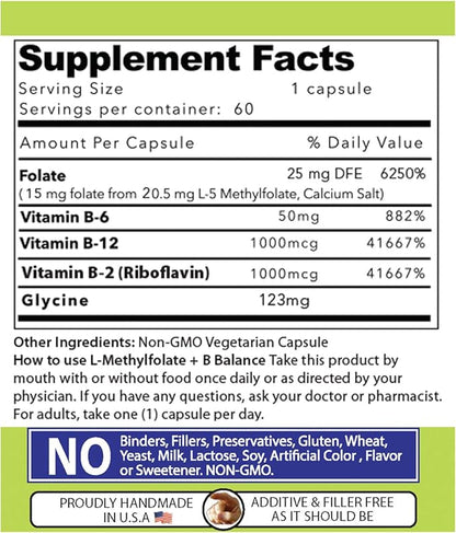 Our Daily Vites L-Methylfolate 15 MG B Complex Balance 5 MTHF Active Folate, Methylated B12, B9, B6, B2 Brain, Heart and Fetal Health, Non-GMO, 60 Count 2 Months
