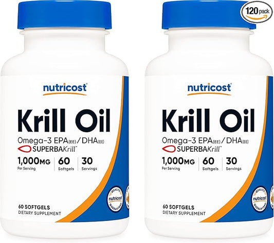 Nutricost Krill Oil 1000mg; 60 Liquid Softgels (2 Bottles) - Omega-3 EPA-DHA
