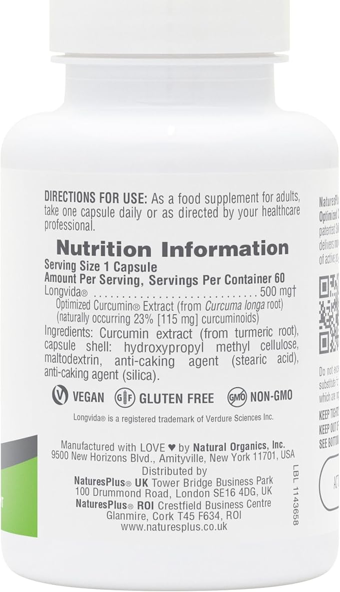 Natures Plus PRO Longvida Curcumin 500 mg - 60 Capsules - Promotes Healthy Free Radical Protection - Non-GMO, Vegan & Gluten Free - 60 Servings