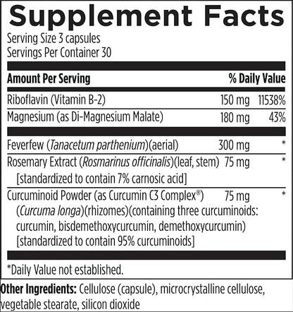 Designs for Health Migranol - Feverfew Supplement with Magnesium Malate, Curcumin (Turmeric) Extract, Rosemary + B2 Riboflavin - Non-GMO + Gluten Free (90 Capsules)