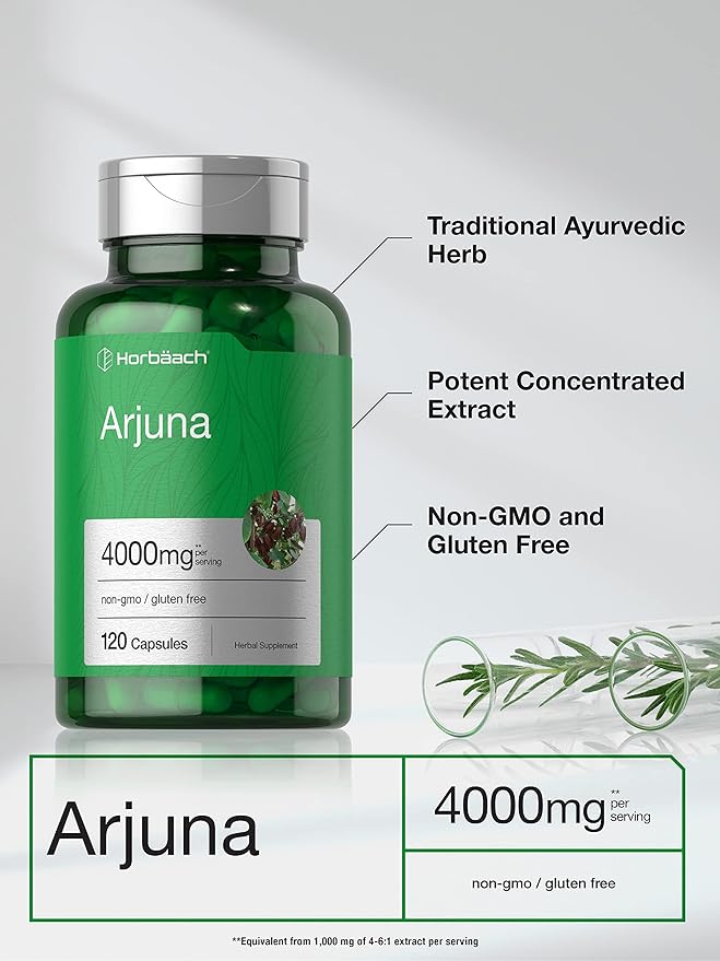 Horbaach Arjuna Capsules 4000mg | 120 Count | Non-GMO, Gluten Free | from Arjuna Bark Herb Extract