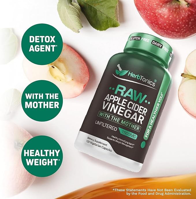 Herbtonics Raw Apple Cider Vinegar Capsules 1500mg with Mother | Weight Management, Detox & Digestion Formula with GLP-1 Support | Unfiltered ACV for Metabolic Support | 240 Vegan Capsules