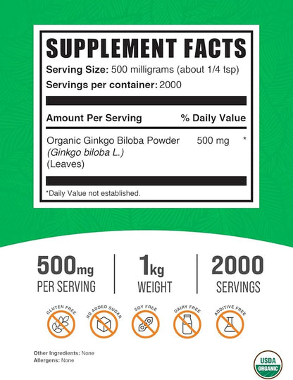 BulkSupplements.com Organic Ginkgo Biloba Powder - Ginkgo Biloba Supplements, Ginkgo Biloba Organic - from Ginkgo Biloba Leaf, Vegan - 500mg per Serving, 1kg (2.2 lbs) (Pack of 1)