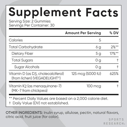 Sports Research® Vegan Vitamin D3 + K2 Gummies - 5000iu Vitamin D w/100mcg Mk7 Vitamin K for Bone & Immune Support - Vegan Certified · Non-GMO · Sugar Free - 60 Count Gummy