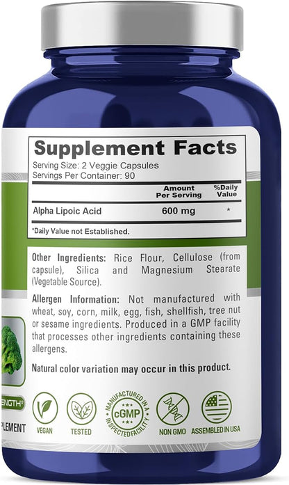 NusaPure Alpha Lipoic Acid 600 mg per Serving 180 Veggie Capsules (Vegetarian, Non-GMO, Vegan)