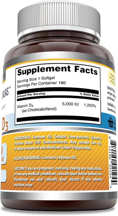 Amazing Formulas Vitamin D3 (Cholecalciferol) Supplement | 5000 IU per Serving | 180 Softgels | Non-GMO | Gluten-Free | Made in USA