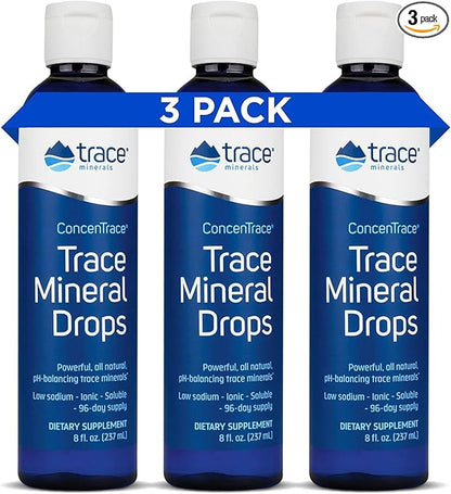 Trace Minerals ConcenTrace Drops | Full Spectrum Minerals | Ionic Liquid Magnesium, Chloride, Potassium | Low Sodium | Energy, Electrolytes, Hydration | 288 Day Supply, 8 fl oz (Pack of 3)