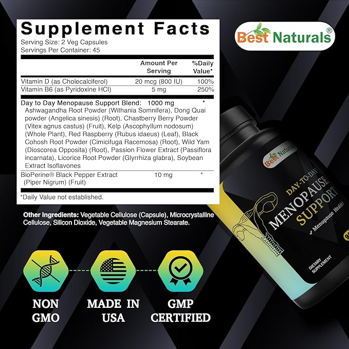 Best Naturals Day-to-Day Menopause Supplements for Women with Ashwagandha, Dong Quai, Chastberry, Kelp, Red Raspberry, Black Cohosh & BioPerine 90 Veg Capsules