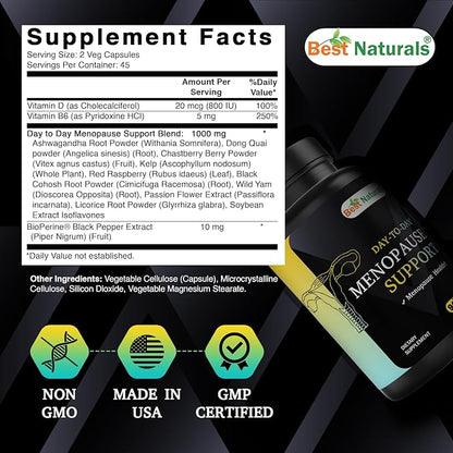 Best Naturals Day-to-Day Menopause Supplements for Women with Ashwagandha, Dong Quai, Chastberry, Kelp, Red Raspberry, Black Cohosh & BioPerine 90 Veg Capsules