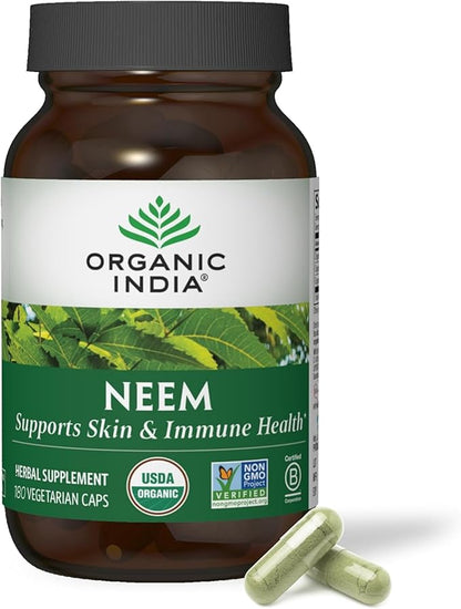 ORGANIC INDIA Neem Leaf Capsules, Herbal Supplement - Supports Skin, Immune, & Liver Health, Detox, Vegan, Gluten-Free, USDA Certified Organic - 180 Capsules