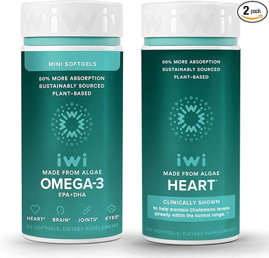Iwi Omega-3 Minis & Heart Omega-3 Bundle, 30 Servings, Vegan Plant-Based Algae Omega 3, Krill & Fish Oil Alternative, No Fishy Aftertaste