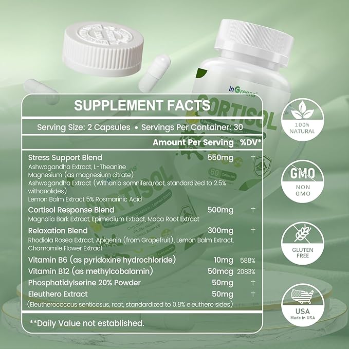 Cortisol Supplement, 15 in 1 Cortisol Manager with Ashwagandha, L-Theanine, Magnesium,Supports Cortisol Health & Relaxation,Stress Management & Restful Sleep, 60 Capsules