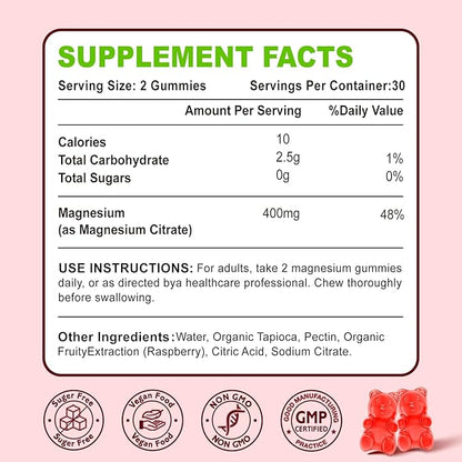 Magnesium Citrate Gummies, High Absorption Magnesium Gummies for Adults, Muscle & Teeth Support, 60 Vegan Natural Raspberry Gummies