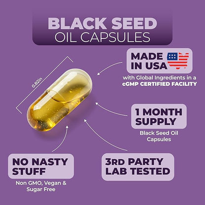 Black Seed Oil Capsules | Cold Pressed Blackseed Oil. Provides Vitamin E & Omega 3 6 9. High Potency (1500mg) for Immune Support, Antioxidants, Digestion, Hair Skin and Nails. Vegan. Non-GMO. 90 Caps