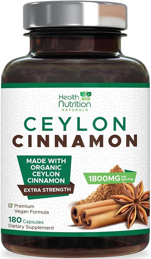 Organic Ceylon Cinnamon Capsules 1800 mg - Pure True Ceylon Cinnamon Powder Supplements, Certified Organic Herbal Supplement, Non-GMO, Gluten Free, Vegan, Antioxidant Pills Supplement - 180 Capsules