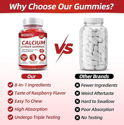 Calcium Citrate 1200mg Gummies with Vitamin D3: with Calcium Magnesium Zinc Vitamin D3 K2 for Bone Muscle Immune - Ultimate Absorption Calcium Supplement for Women & Men, Sugar-Free