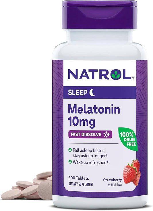 Natrol Fast Dissolve Melatonin 10 mg, Melatonin Supplements for Restful Sleep, Sleep Support for Adults, 200 Strawberry-Flavored Tablets, Up to a 200 Day Supply