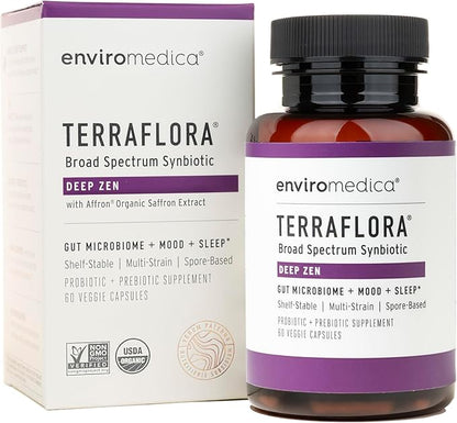 Enviromedica Terraflora Deep Zen Synbiotic - Spore Based Probiotics and Prebiotics for Gut Health & Mood Support, Organic Soil Based Probiotic Supplement for Men and Women 60 Capsules