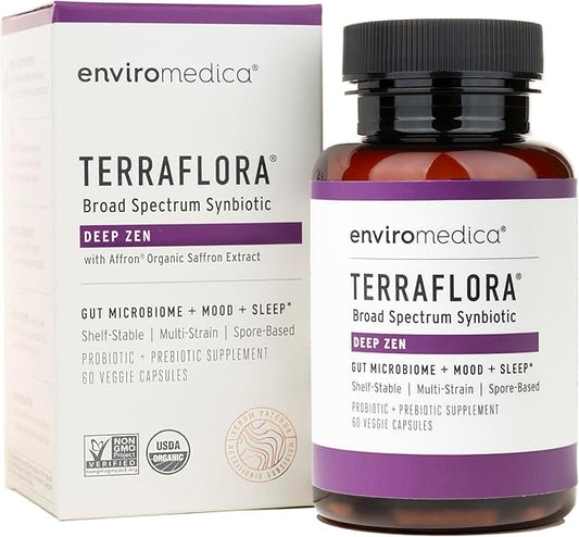 Enviromedica Terraflora Deep Zen Synbiotic - Spore Based Probiotics and Prebiotics for Gut Health & Mood Support, Organic Soil Based Probiotic Supplement for Men and Women 60 Capsules