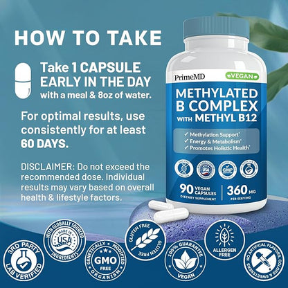 Methylated B Complex with Methylfolate and B12 Methylcobalamin 1000 mcg - Methylated Multivitamin for Energy, Brain Function, and Wellness - Vitamin B Complex for Men & Women (90 Servings) (Pack of 1)
