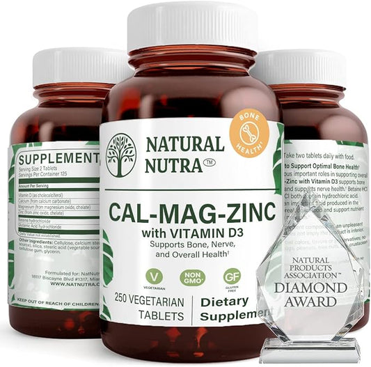 Natural Nutra 250 Count, Calcium Magnesium Zinc Supplement with Vitamin D3 for Bone Strength, Nerve Health, Helps Improve Better Vibe, Gluten Free and Sugar-Free, Essential Mineral Complex